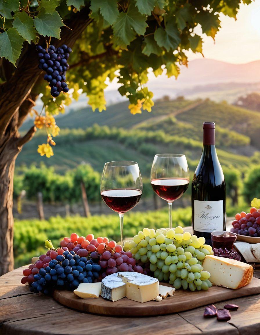 A picturesque vineyard at sunset with lush grapevines rolling down the hills, showcasing clusters of red and white grapes. In the foreground, an elegant wooden table adorned with various wine glasses filled with rich red wine and crisp white wine, alongside a cheese platter and fresh fruits. Soft golden light enhances the scene, creating a warm and inviting atmosphere perfect for celebration. Artistic composition that captures the essence of wine appreciation. super-realistic. vibrant colors.