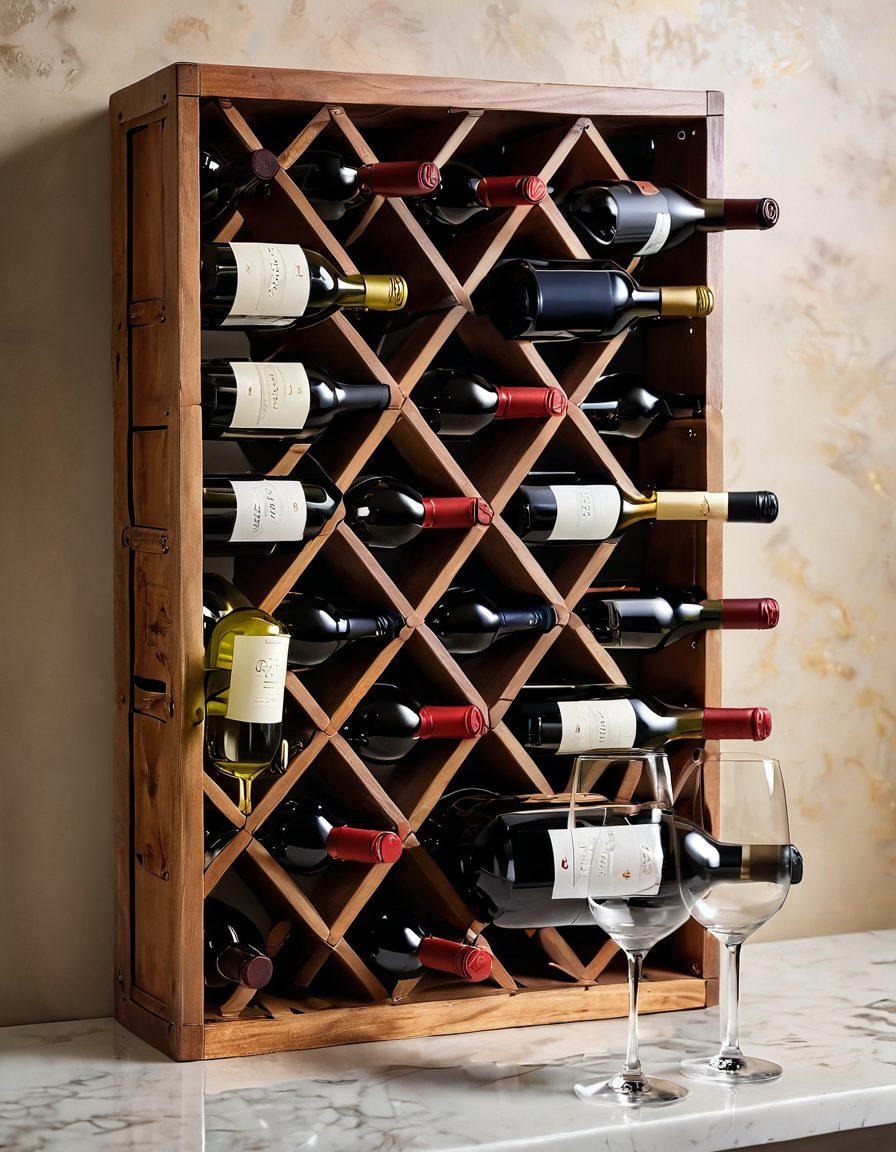 A sophisticated wooden wine rack filled with an array of red and white wine bottles, elegantly arranged in soft ambient light. In the foreground, a corkscrew and a glass of red wine, with a hint of white wine in the background, create a warm and inviting atmosphere. Grapevines and grapes subtly peeking from the sides to symbolize the wine's origin. The scene evokes a sense of indulgence and blissful moments. super-realistic. warm tones. soft focus.