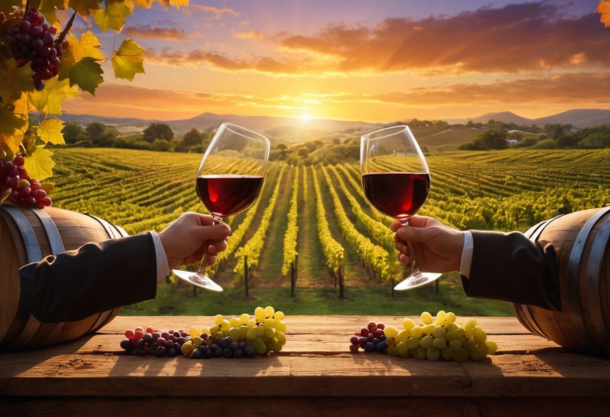 A cozy scene of armed forces personnel toasting with wine glasses, surrounded by barrels and grapevines, capturing the essence of camaraderie and celebration. The background features a sunset illuminating the vineyard, enhancing the festive atmosphere. Incorporate elements of military insignia subtly blended with wine culture. vibrant colors. super-realistic.